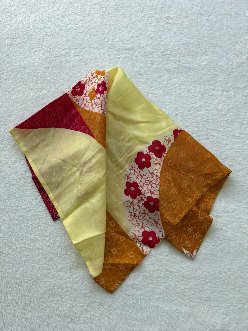 Silk-Like Floral Patchwork Scarf in Yellow, Orange & Red